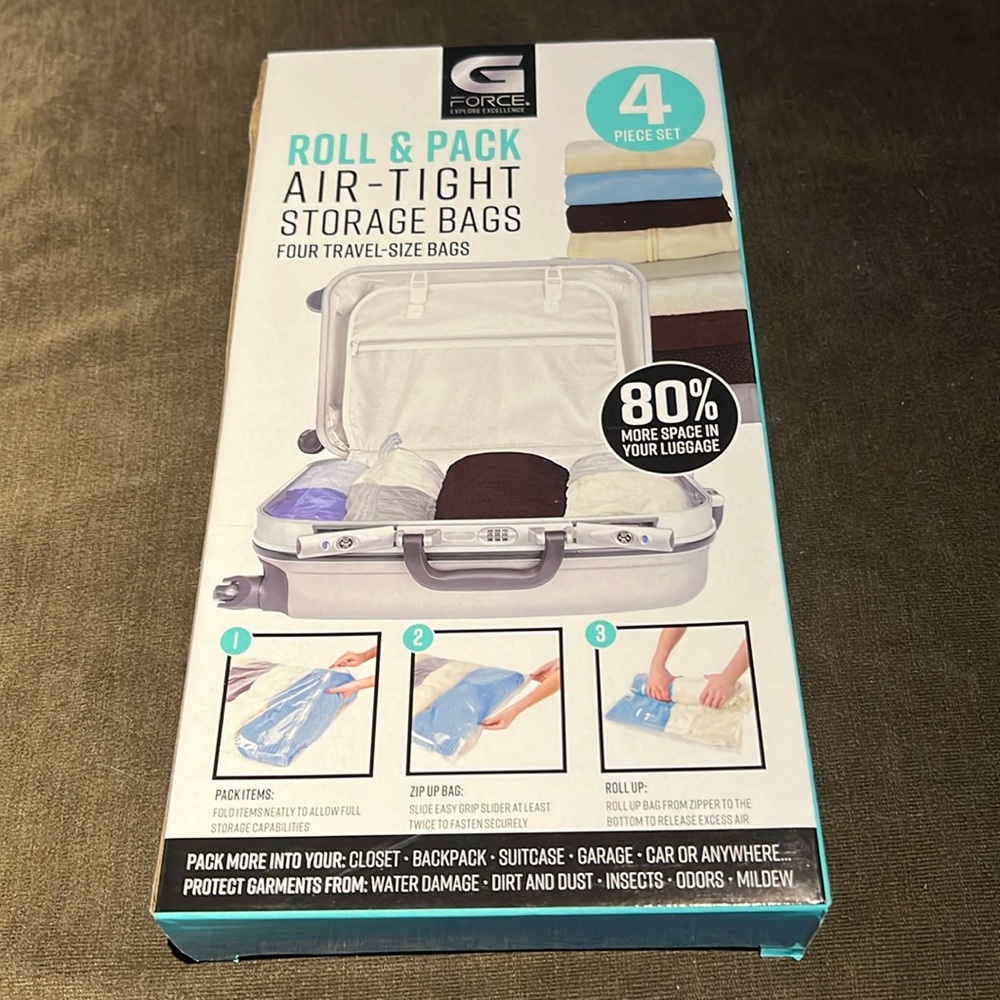 G Force Roll & Pack Air-Tight Storage Bags 4 Travel Size Bags 25.5” x 20”